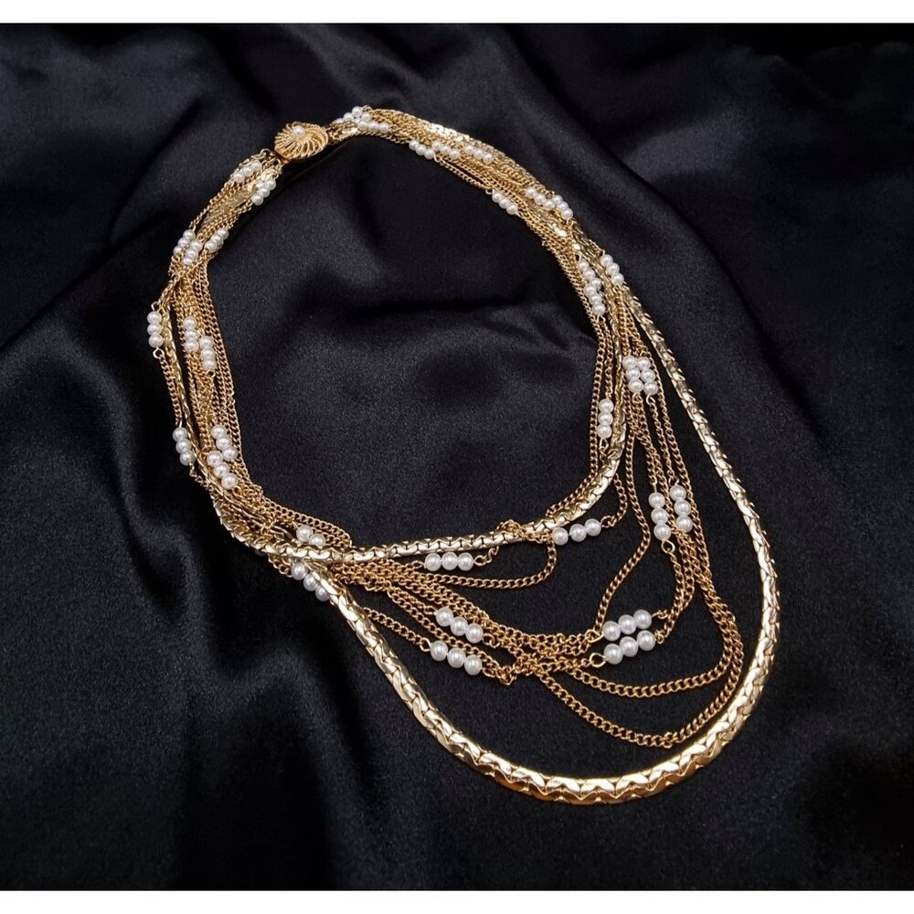 Vintage Early 90s Gold-Tone Multi-Strand Necklace With Faux Pearls